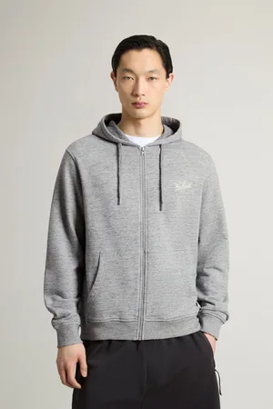 Woolrich Uomo Felpa con cappuccio in puro cotone mouliné con zip Grigio