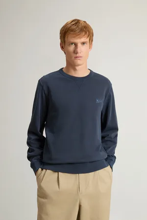 Woolrich Uomo Felpa girocollo in puro cotone leggero tinta in capo Blu