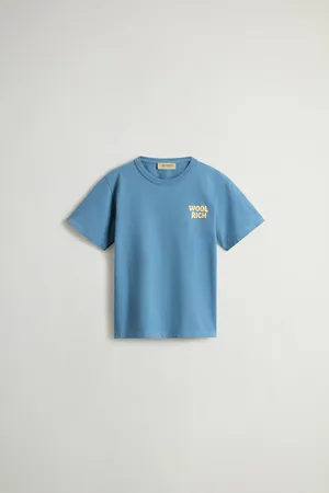 Woolrich T-shirt da bambino in puro cotone con stampa sul retro Blu