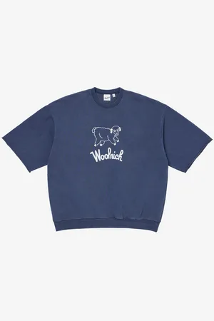 Woolrich Unisex Felpa a maniche corte in puro cotone con logo stampato sul petto e sul retro Blu