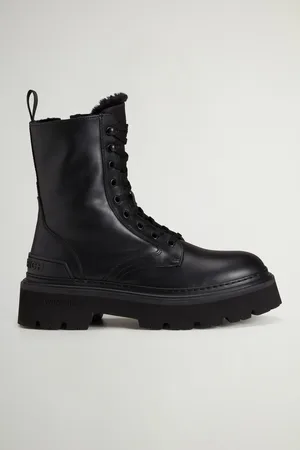 Woolrich Donna Anfibi Logger in pelle con fodera in montone Nero