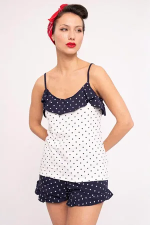 Muydemi Pigiama corto da donna in cotone con volant stampa pois |