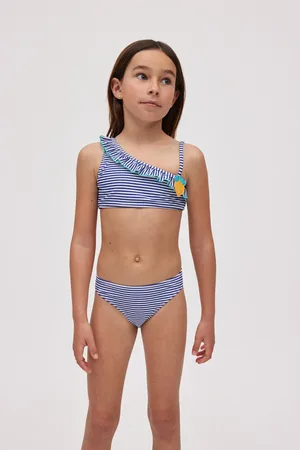 YSABEL MORA Set bikini da ragazza con dettagli color limone e strisce blu scuro