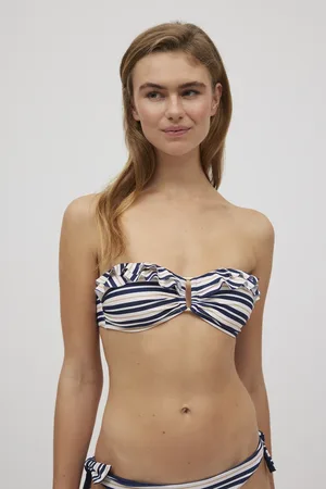 YSABEL MORA Top bikini a fascia con volant a righe blu scuro coppa C