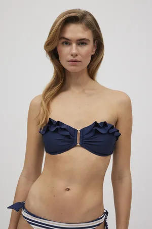 YSABEL MORA Top bikini a fascia blu scuro con volant
