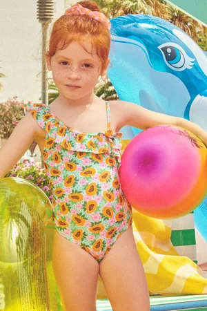 YSABEL MORA Costume da bambina con dettaglio fiocco stampa papaya