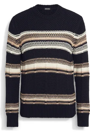 Ermenegildo Zegna Girocollo in Cotone Seta e Lino Blu Navy Bianco e Beige Chiaro