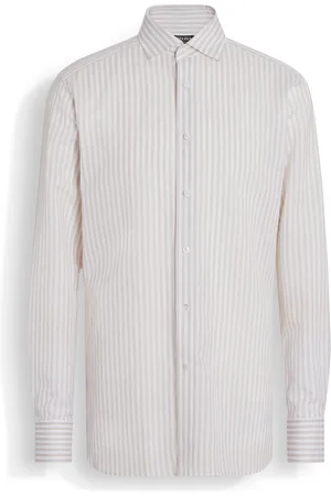 Ermenegildo Zegna Camicia in Cotone e Lino Centoventimila a Righe Spesse Bianca e Tortora Chiaro